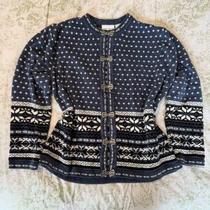 Soft Navy and White Sweater Cardigan with Silver Hardware